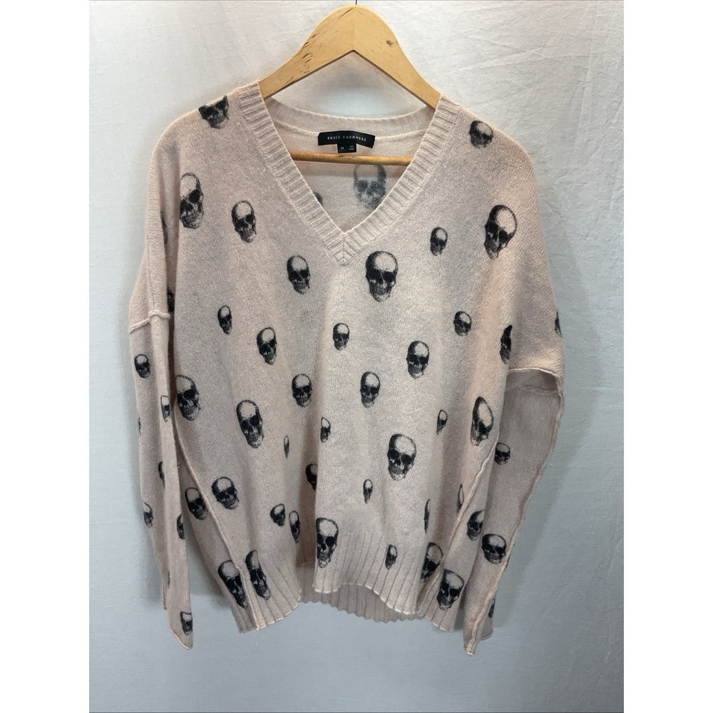 Skull Cashmere V Neck Sweater Womens M Tan Pink Skull‎ Print Goth Punk Rock Soft